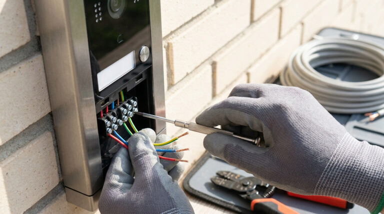Mains gantées connectant des fils électriques sur la platine de rue d'un visiophone.