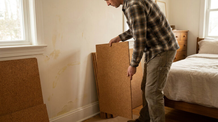 Un homme pose des panneaux isolants en liège contre un mur intérieur présentant des traces d'humidité dans une chambre.