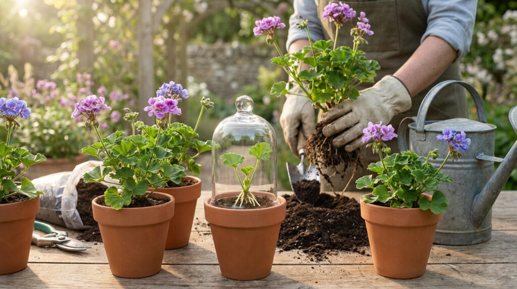 Mains d'un jardinier rempotant un géranium vivace avec des pots en terre cuite et une cloche en verre sur une table.