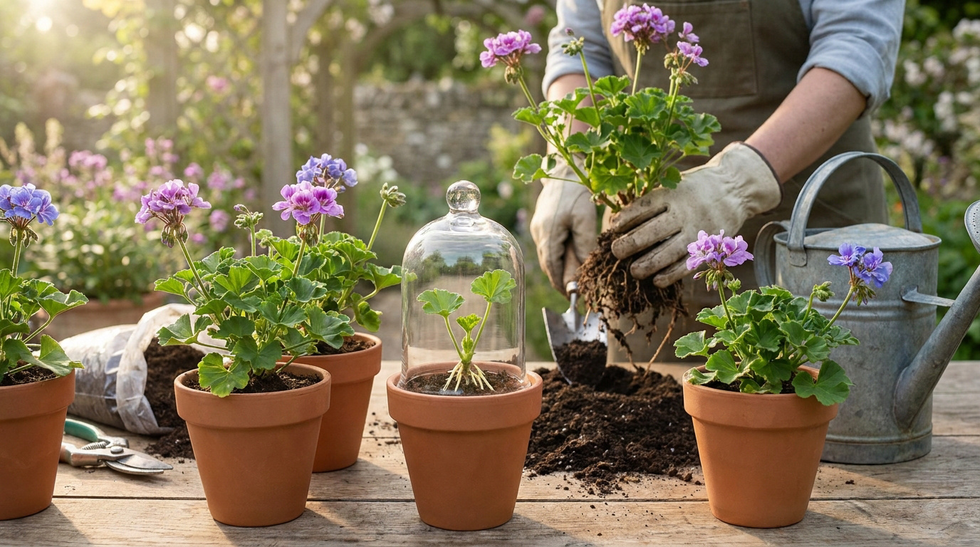 Mains d'un jardinier rempotant un géranium vivace avec des pots en terre cuite et une cloche en verre sur une table.