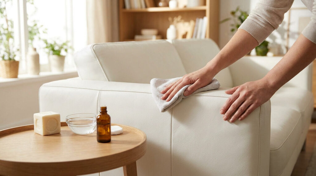 Une personne nettoie délicatement l'accoudoir d'un canapé en cuir blanc avec un chiffon propre.