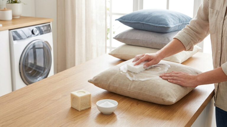 Une personne nettoie un coussin beige avec une éponge savonneuse sur une table en bois près d'une pile de coussins.
