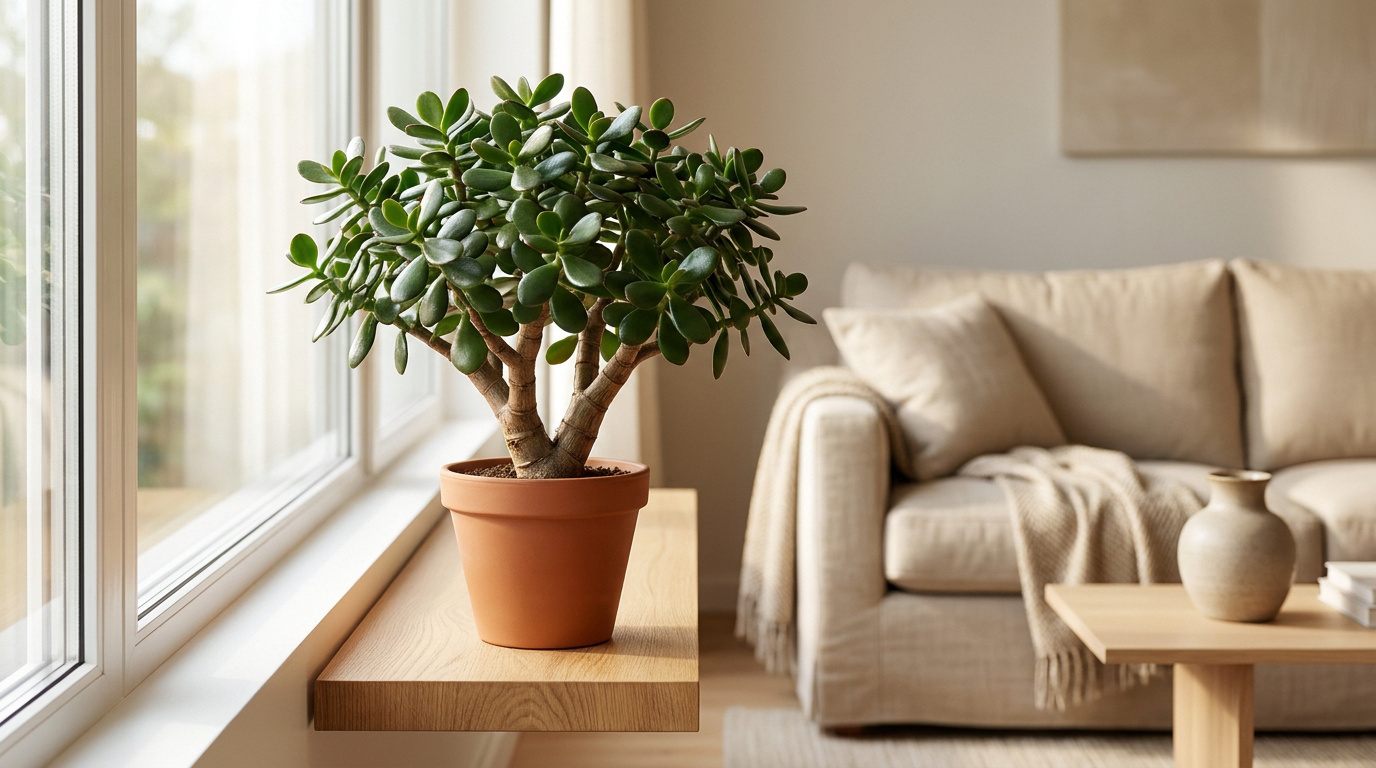 Un arbre de jade dans un pot en terre cuite posé sur une étagère en bois devant une fenêtre lumineuse.
