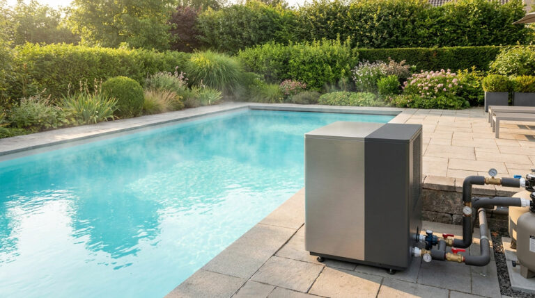Une pompe à chaleur de piscine moderne installée sur une terrasse en pierre au bord d'une piscine chauffée.