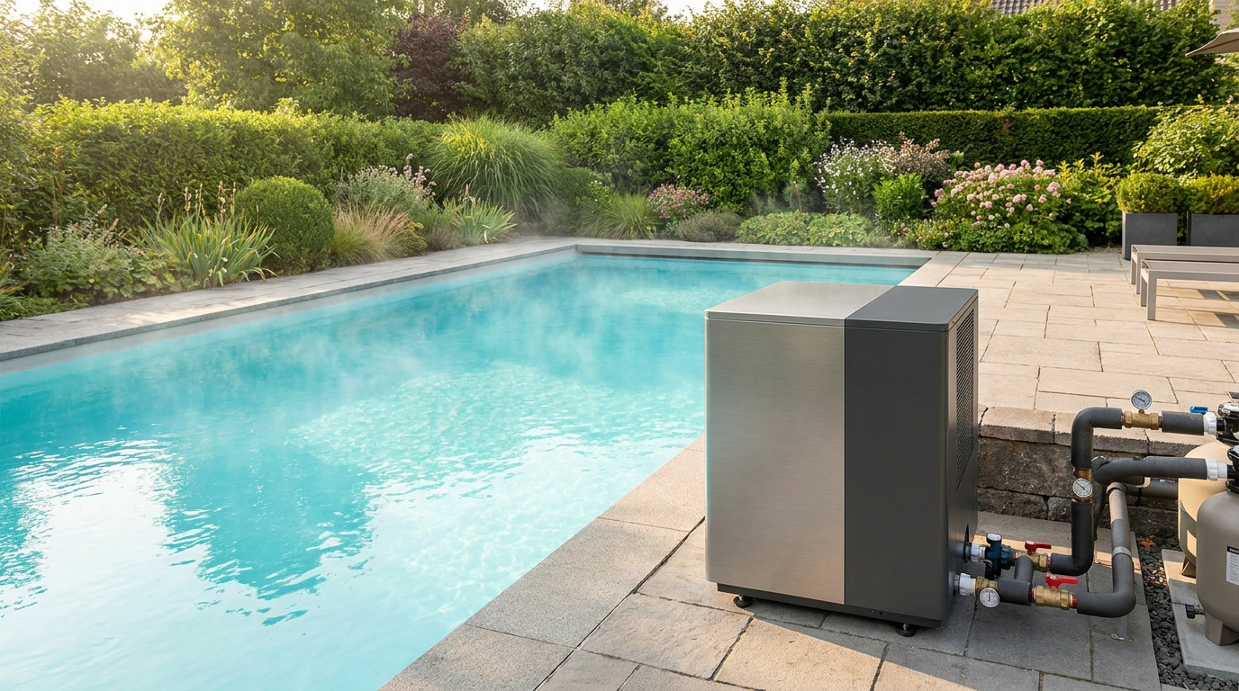 Une pompe à chaleur de piscine moderne installée sur une terrasse en pierre au bord d'une piscine chauffée.