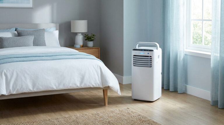 Un climatiseur mobile blanc élégant posé sur le sol en bois d'une chambre à coucher lumineuse.
