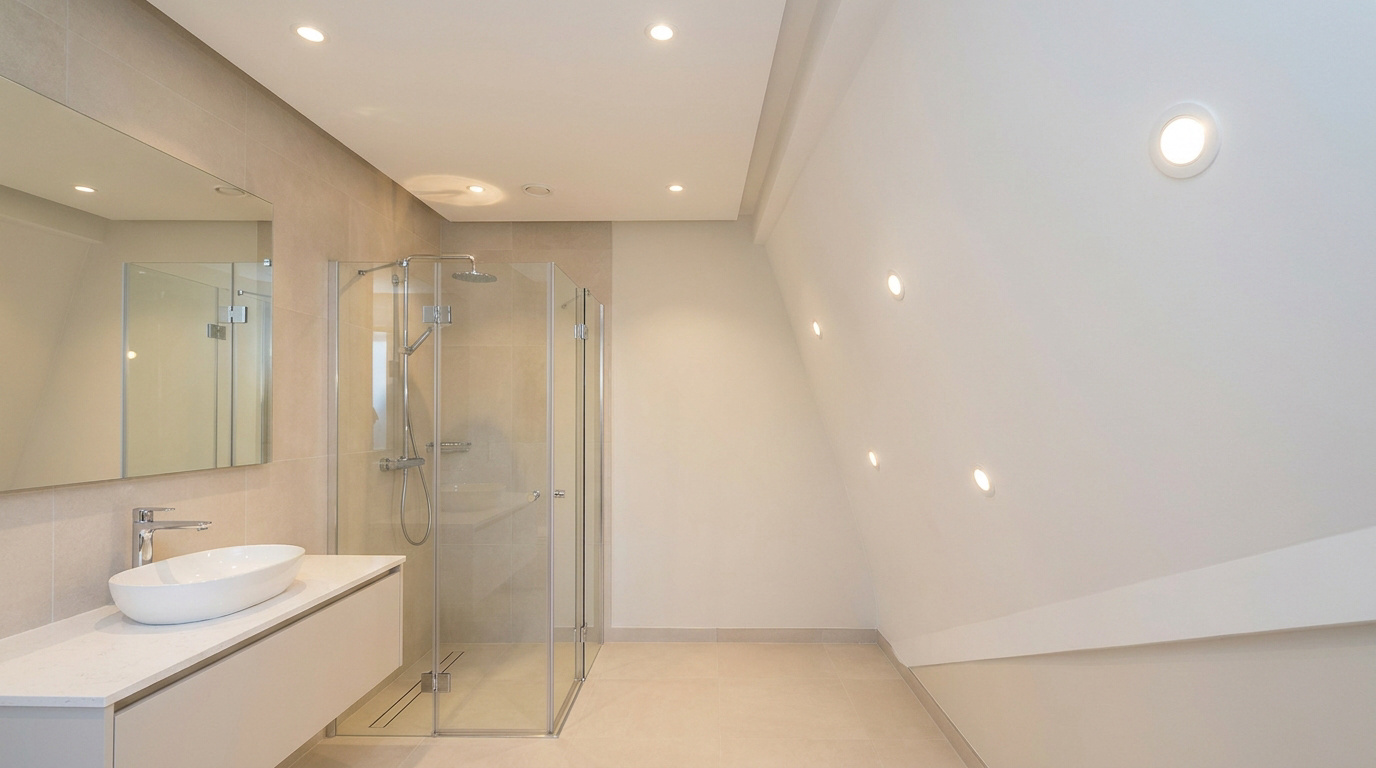 Salle de bain lumineuse avec spots LED encastrés au plafond et dans le mur incliné au-dessus de la douche.