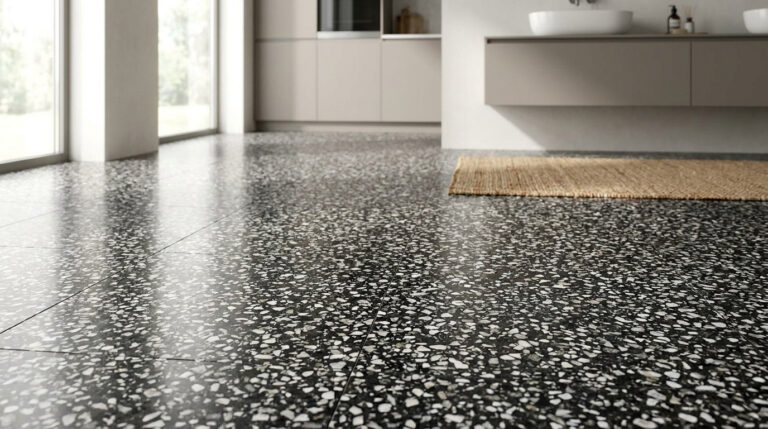 Sol en carrelage terrazzo noir et blanc dans une salle de bain moderne et lumineuse avec un tapis en jute.