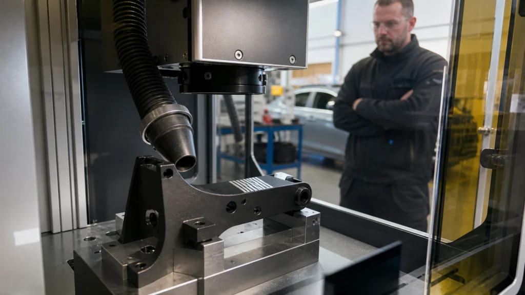 Pièce automobile thermolaquée fixée dans une cellule de marquage laser fibre