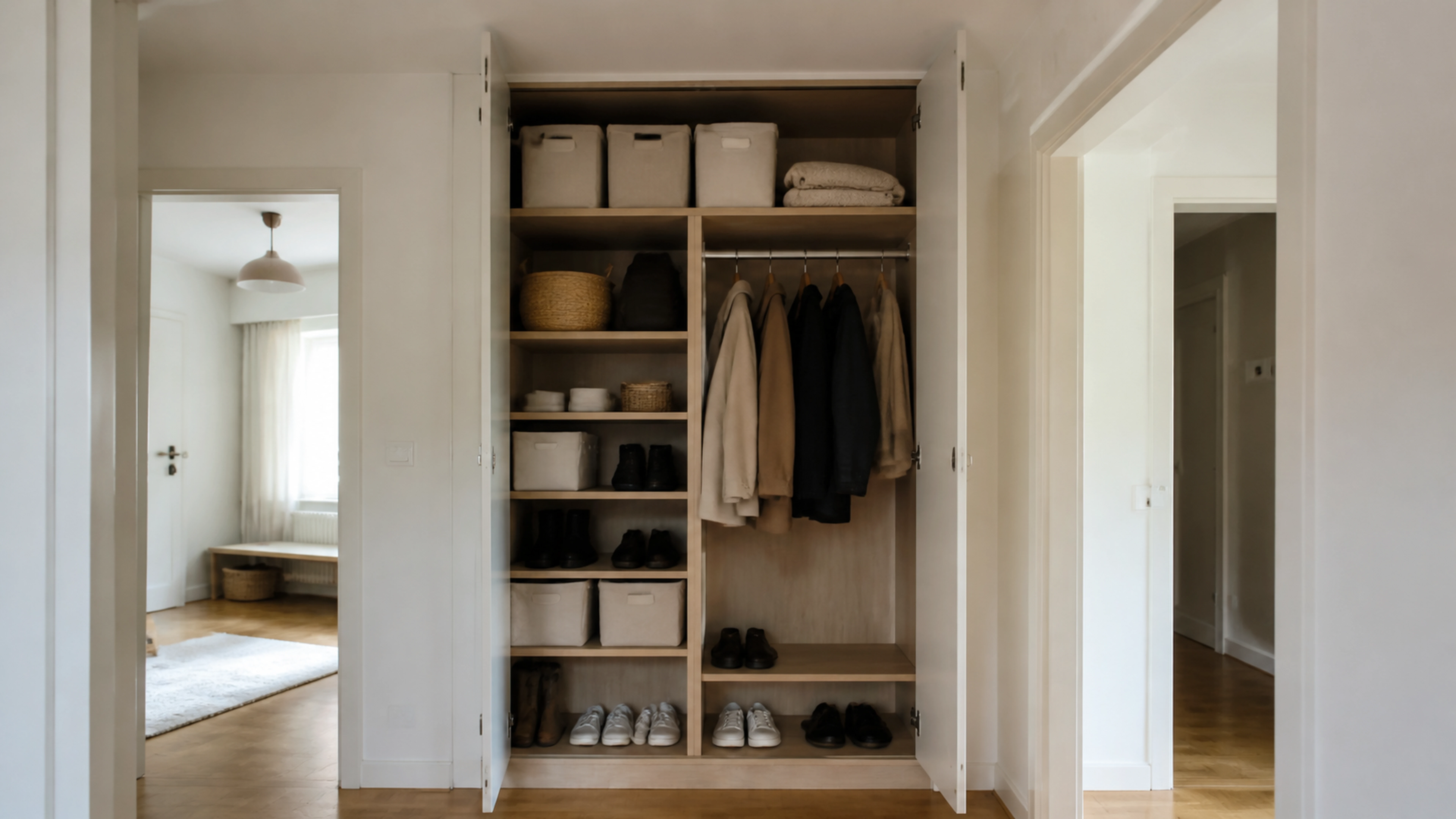 Illustration éditoriale pour l’article « Réussir l'aménagement d'un placard de couloir sur mesure »