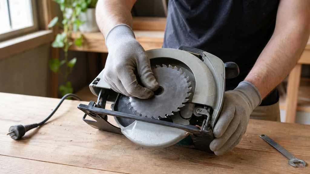 Illustration éditoriale pour l’article « Changer une lame de scie circulaire en toute sécurité »