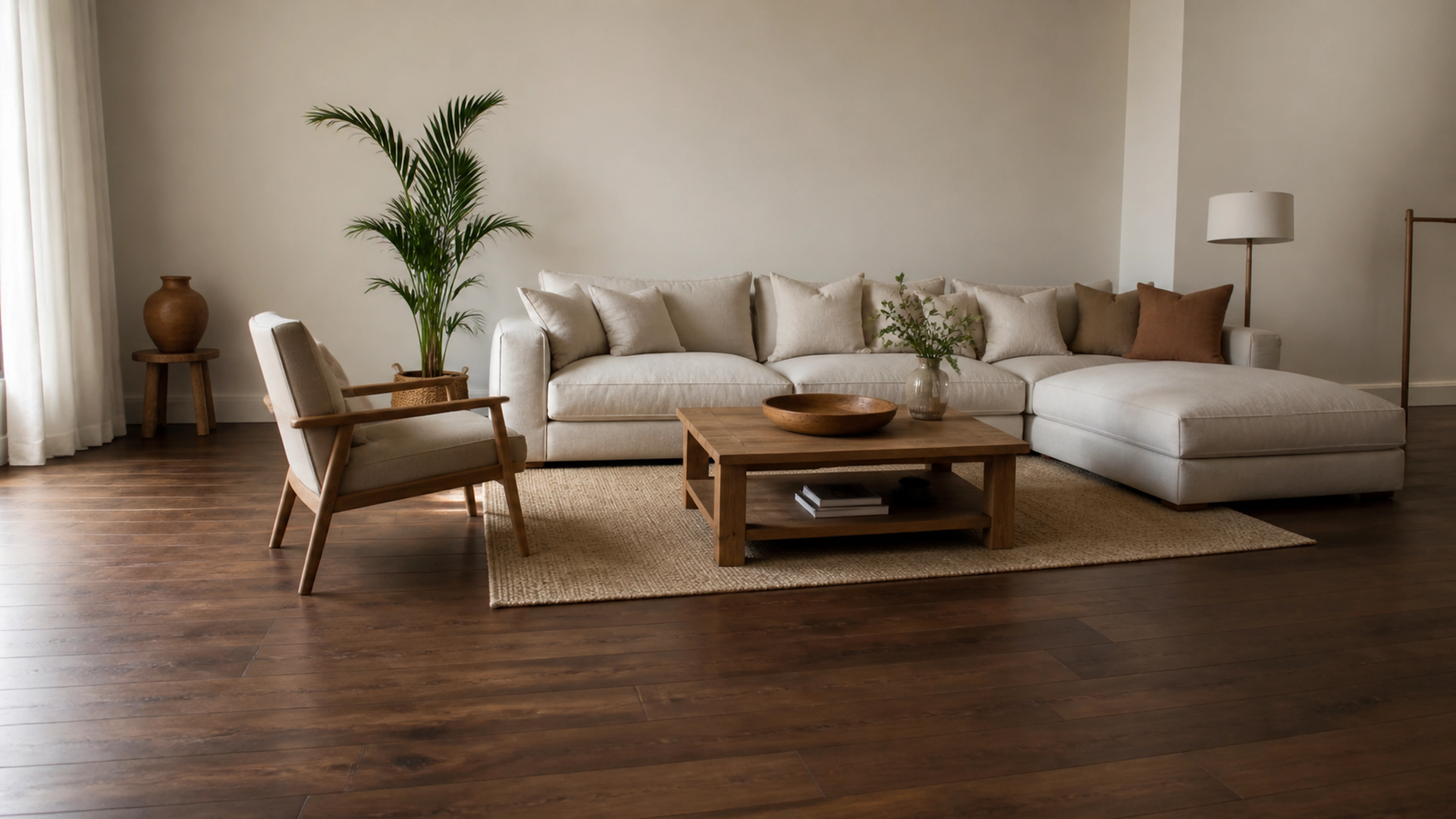Illustration éditoriale pour l’article « Comment réussir votre deco salon parquet foncé »