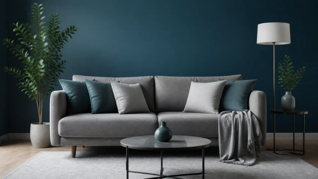 Illustration éditoriale pour l’article « Réussir votre décoration bleu canard et gris : le duo chic »
