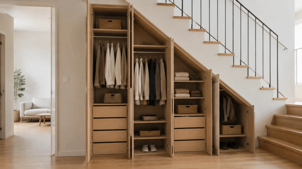 Illustration éditoriale pour l’article « Aménager un dressing sous escalier sur mesure »