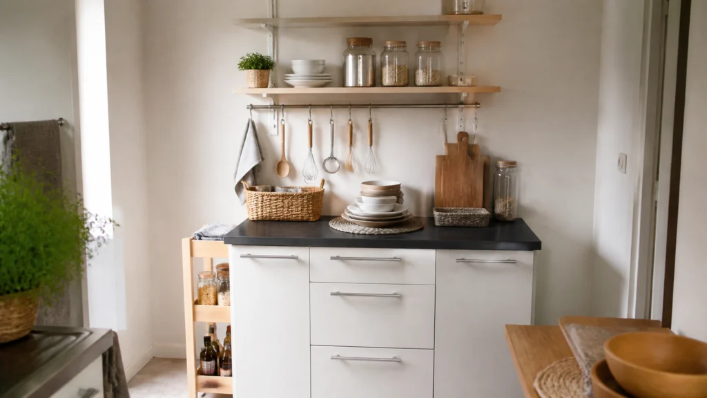 Illustration éditoriale pour l’article « Petite cuisine : astuce rangement cuisine et gain de place »