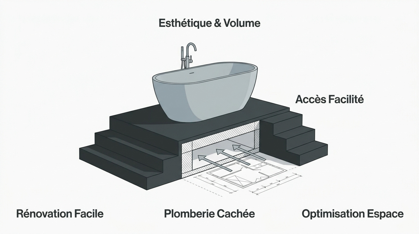 Baignoire îlot moderne installée sur une estrade design en bois dans une salle de bain luxueuse