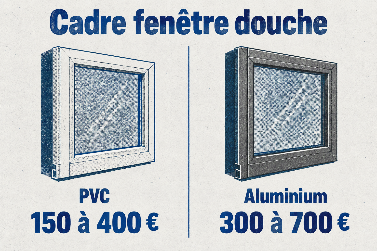 Infographie comparant le cadre PVC et le cadre aluminium pour une fenêtre dans une douche, avec prix et durée de vie.