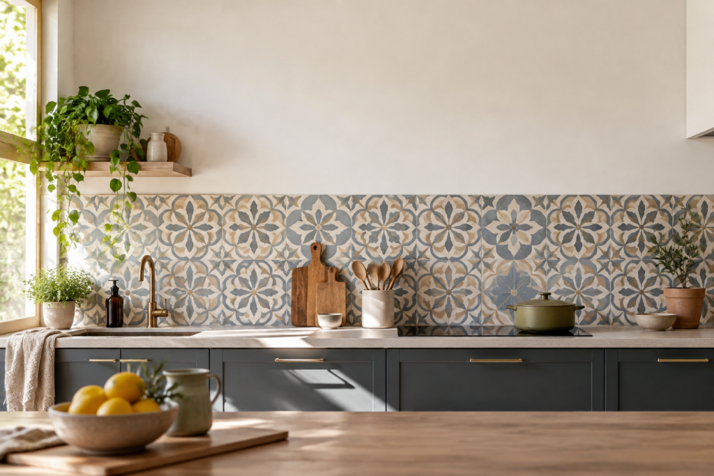 Crédence de cuisine en carreaux de ciment à motifs géométriques.