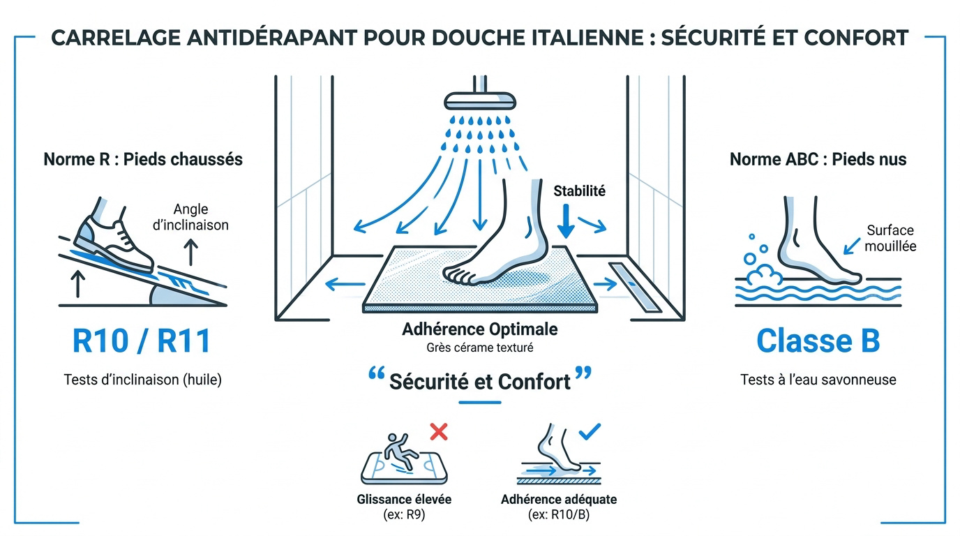 Carrelage en grès cérame antidérapant pour une douche à l'italienne sécurisée