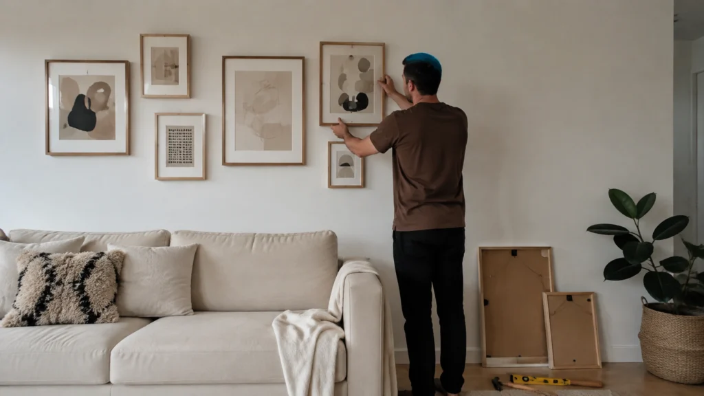 Illustration éditoriale pour l’article « Comment décorer un mur avec des cadres : le guide pratique »