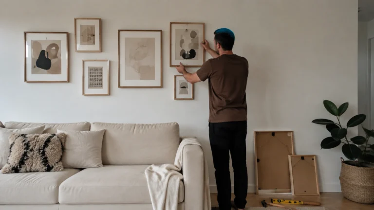 Illustration éditoriale pour l’article « Comment décorer un mur avec des cadres : le guide pratique »