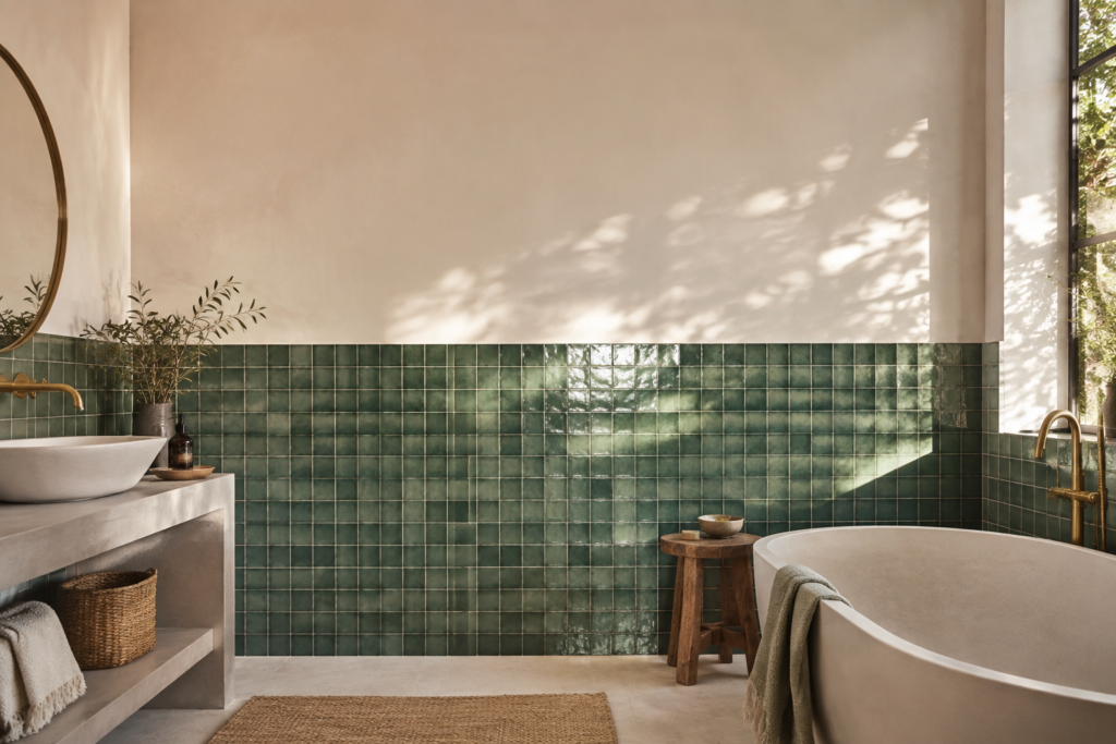 Salle de bains lumineuse avec carrelage zellige vert, baignoire îlot et vasque en pierre naturelle.