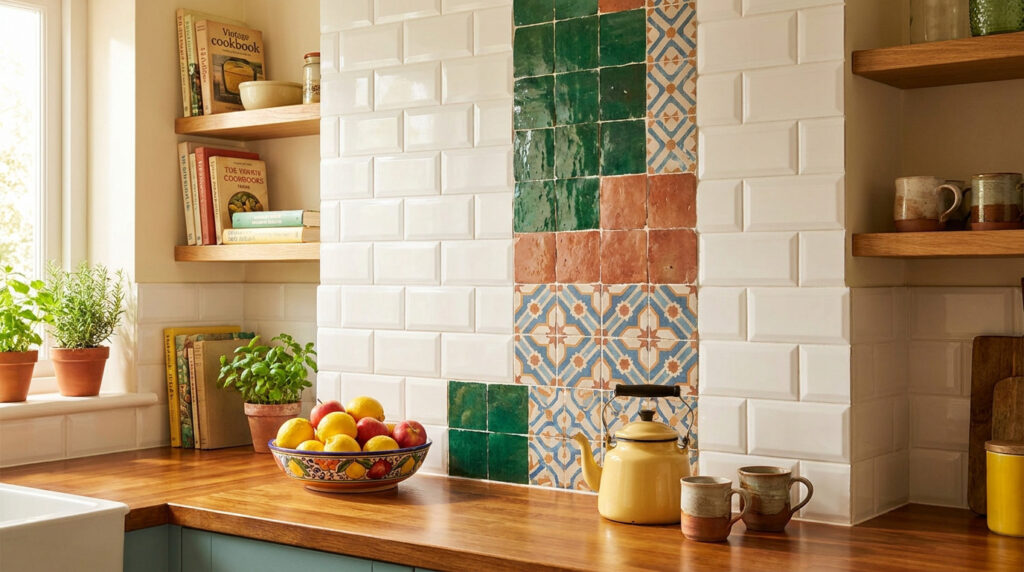 Crédence de cuisine combinant des carreaux métro blancs, des zelliges verts, terre cuite et des motifs décoratifs colorés.