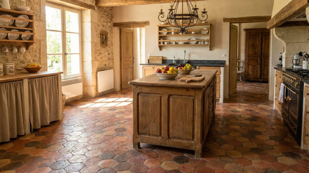 Cuisine rustique avec îlot central en bois et sol traditionnel en tomettes hexagonales en terre cuite.