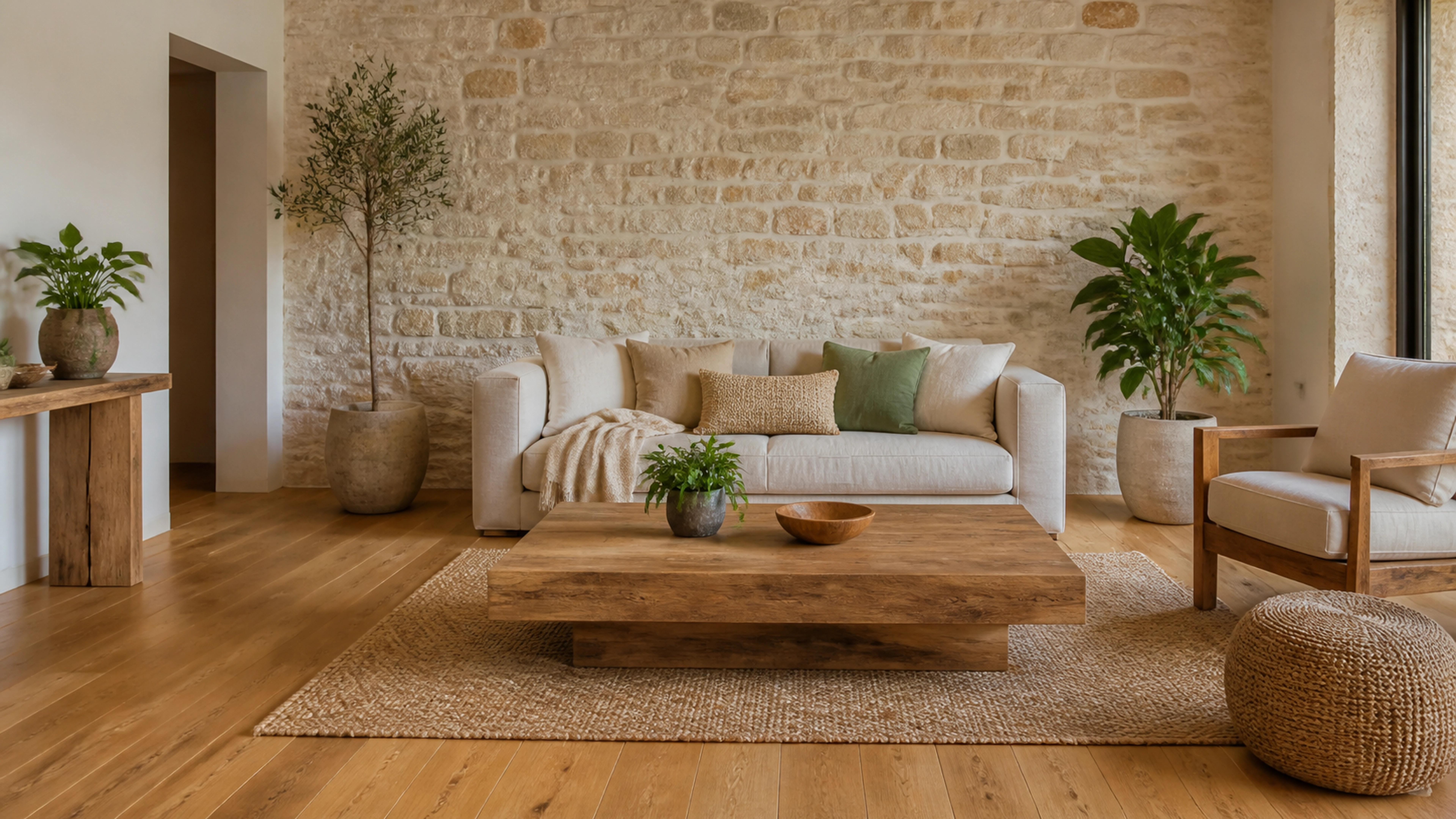Illustration éditoriale pour l’article « Deco interieur bois et pierre : les clés d'un intérieur sain »