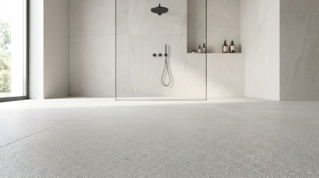 Vue au sol d'une douche italienne moderne avec carrelage gris clair antidérapant et robinetterie noire.