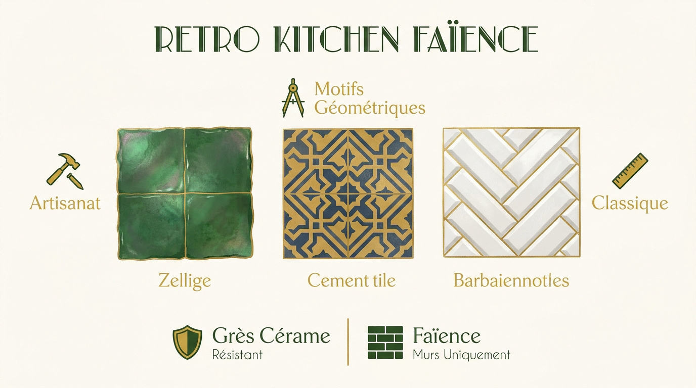 Crédence de cuisine en faïence rétro style zellige et carreaux de ciment