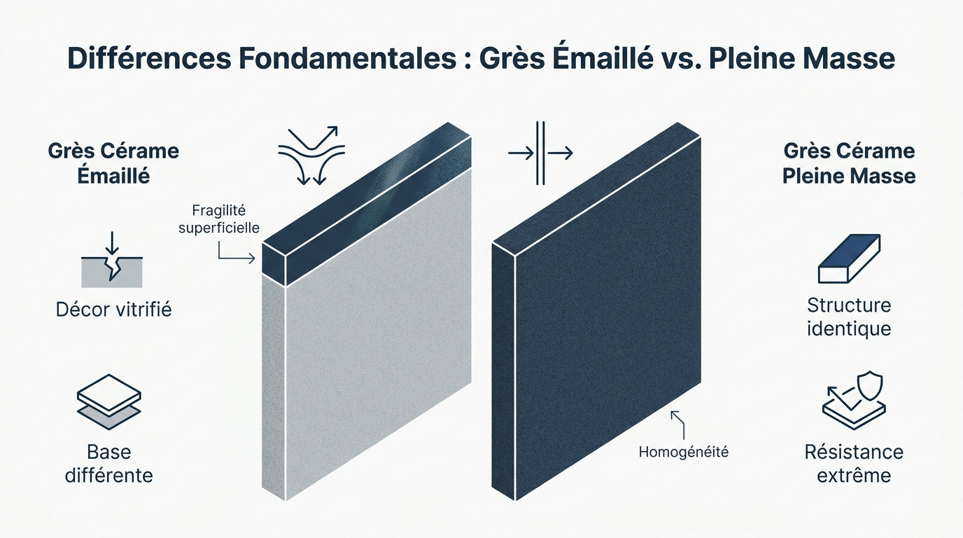 Comparaison visuelle entre la tranche d'un grès cérame émaillé et un grès pleine masse