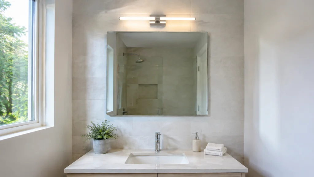Illustration éditoriale pour l’article « Hauteur idéale d'une applique de miroir de salle de bain »