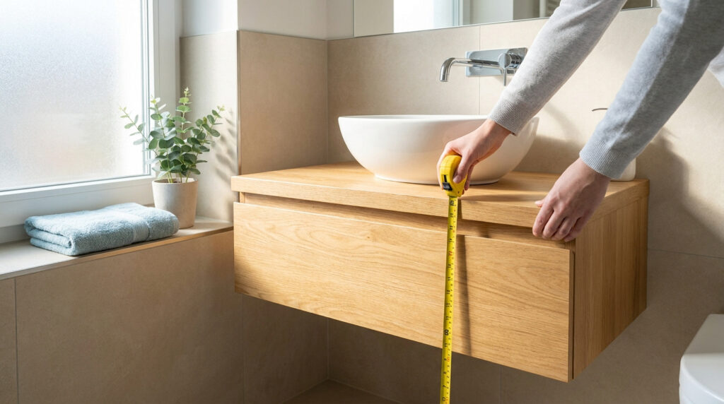 Une personne mesure la hauteur d'un meuble de salle de bain avec une vasque à poser à l'aide d'un mètre ruban jaune.