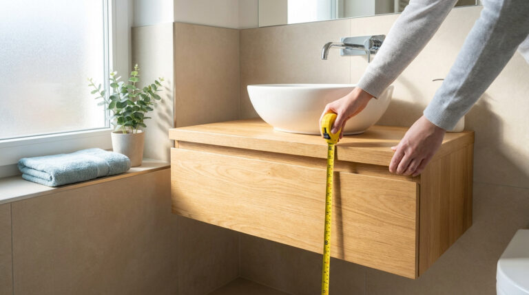 Une personne mesure la hauteur d'un meuble de salle de bain avec une vasque à poser à l'aide d'un mètre ruban jaune.