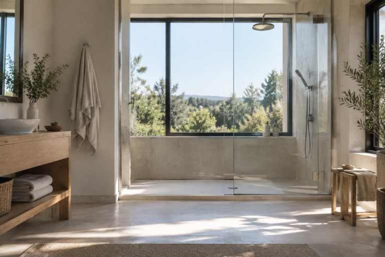 Paroi de douche vitrée placée devant une grande fenêtre.