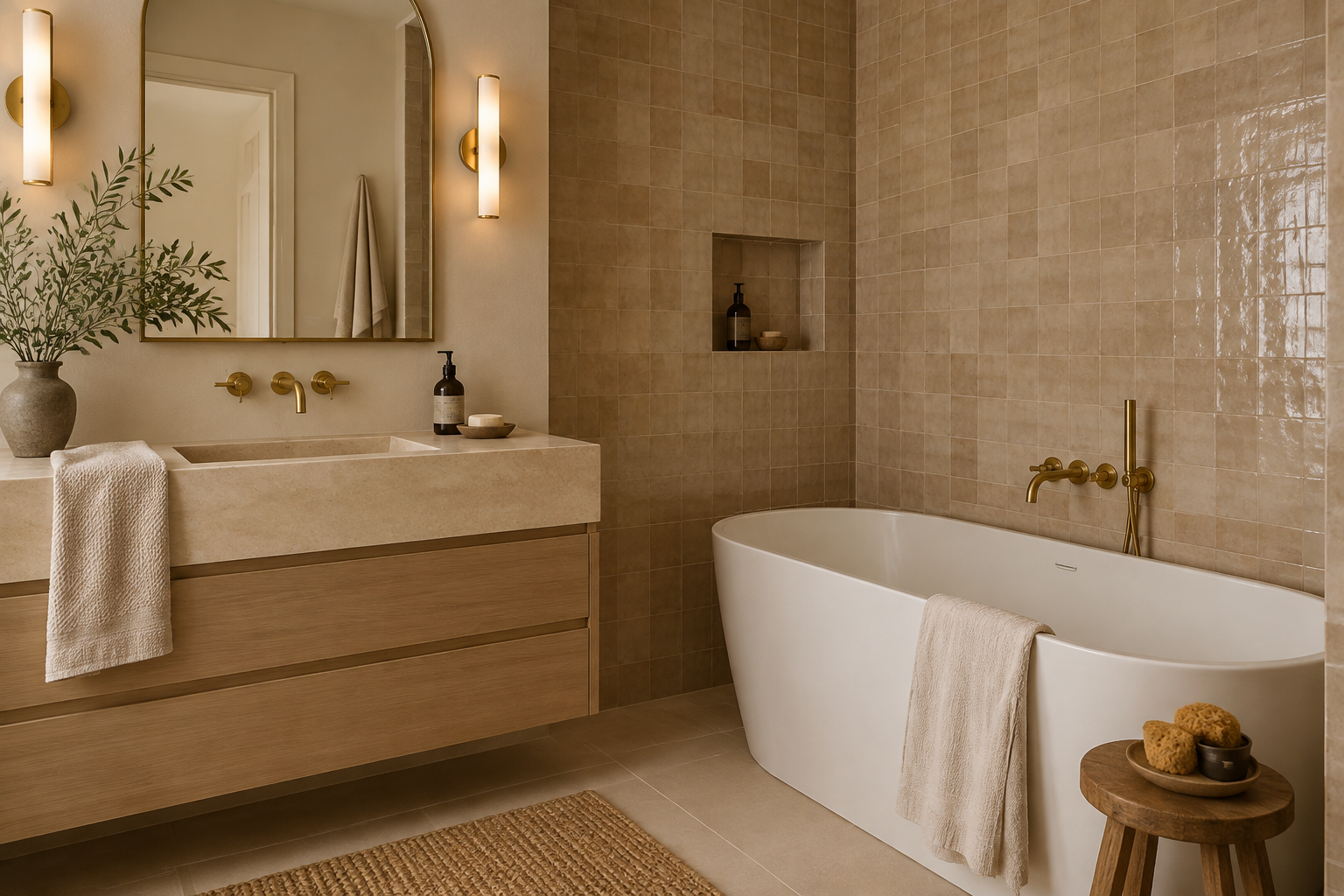 Salle de bains élégante avec mur en zellige beige et robinetterie laiton.