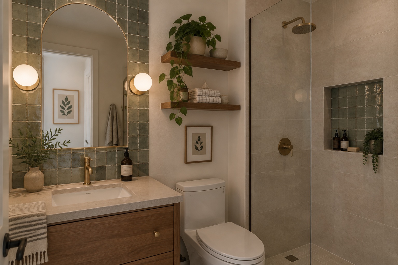 Petite salle de bains avec niche de douche et contour de miroir en zellige.
