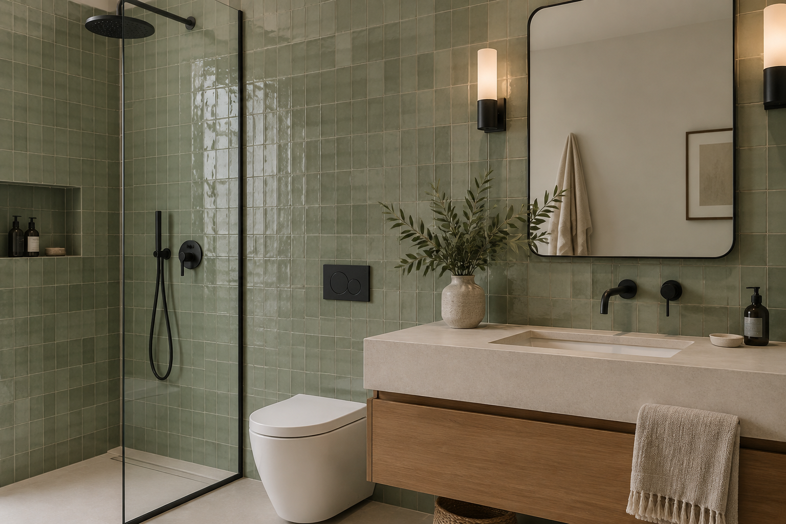 Salle de bains contemporaine avec mur en zellige vert sauge et robinetterie noire.