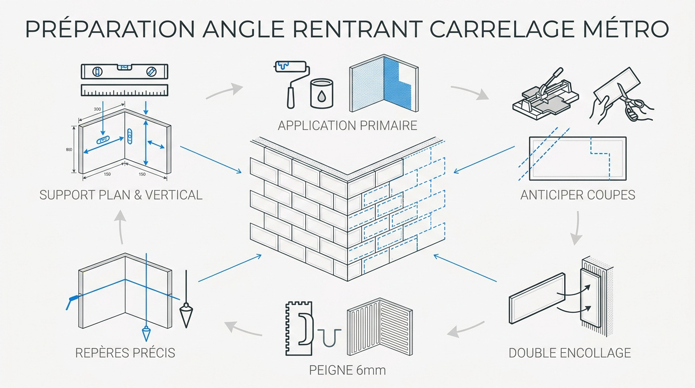 Préparation du mur et calepinage pour poser du carrelage métro dans un angle rentrant