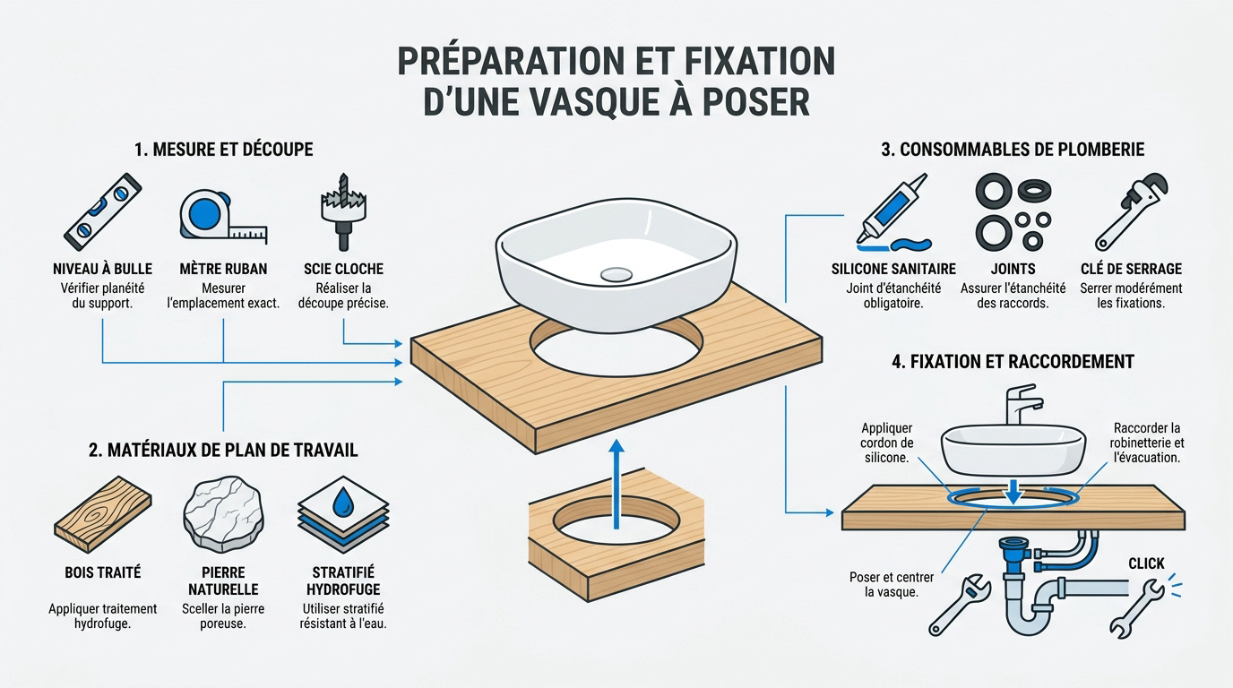 Matériel pour fixer une vasque à poser sur plan de travail