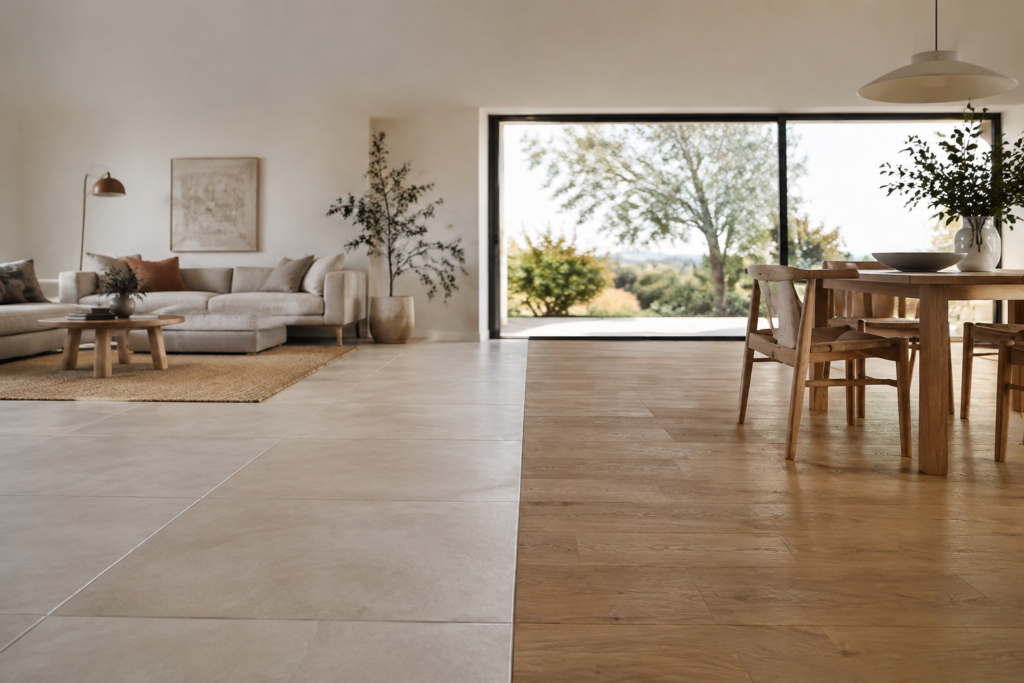 Transition entre un carrelage clair et un carrelage imitation parquet.