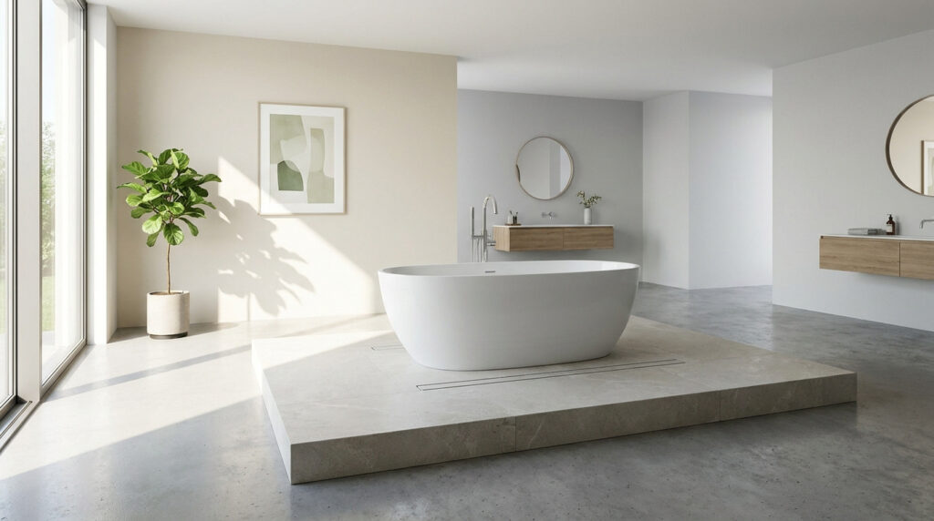 Baignoire îlot blanche posée sur une estrade en pierre dans une salle de bain moderne et minimaliste.