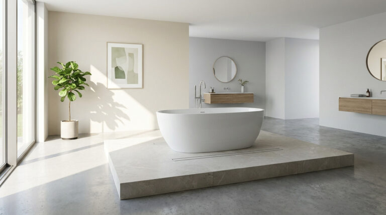 Baignoire îlot blanche posée sur une estrade en pierre dans une salle de bain moderne et minimaliste.