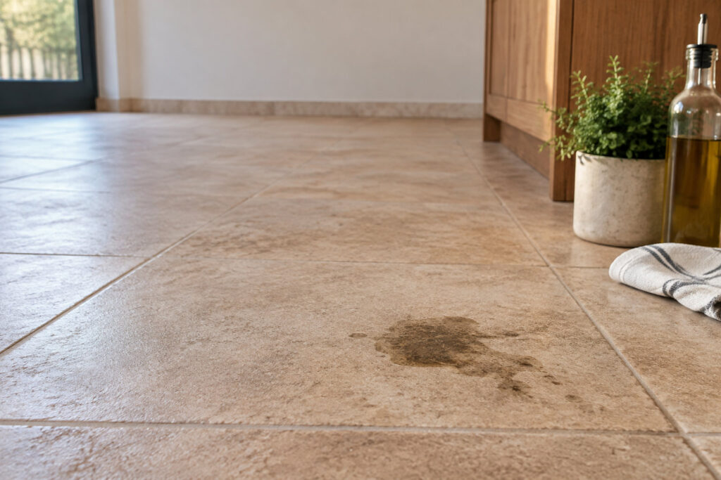 Une tache d'huile sur un sol en carrelage poreux beige près d'une bouteille d'huile et d'un chiffon.