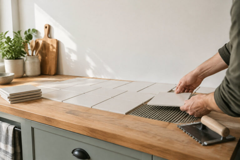 Gros plan sur les mains d'un homme posant un carreau blanc sur un plan de travail en bois enduit de colle.