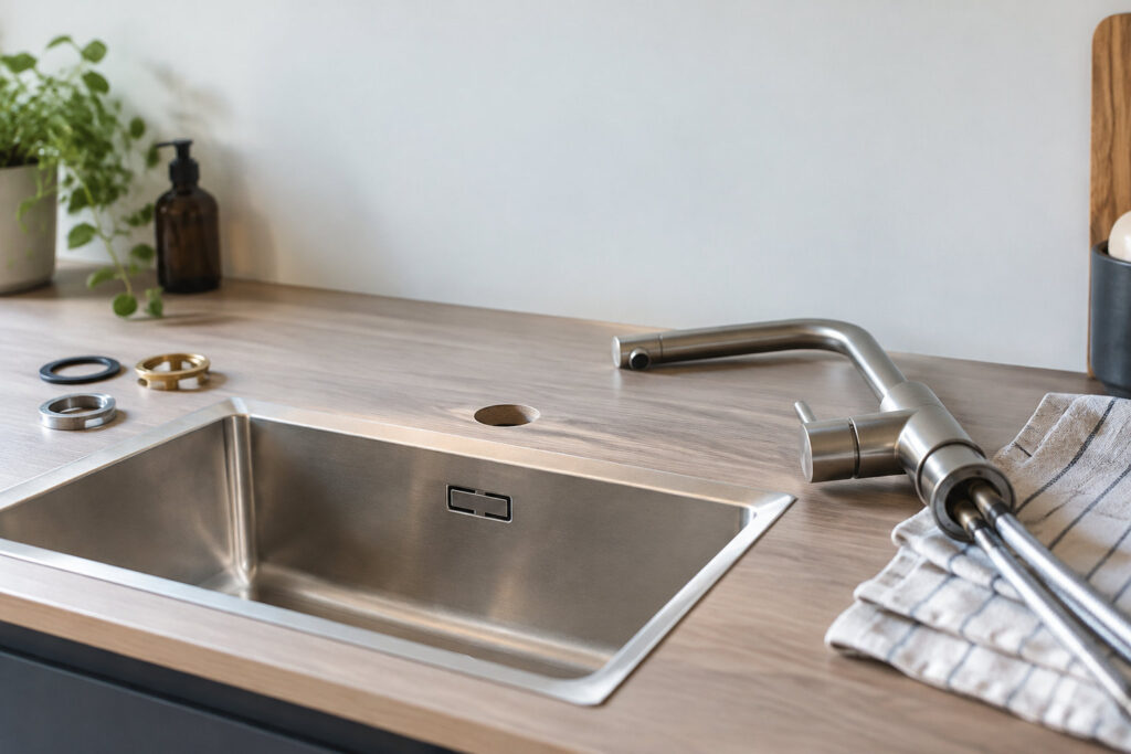 Évier en inox encastré dans un plan de travail en bois avec un mitigeur à proximité et un trou percé pour l'installation.