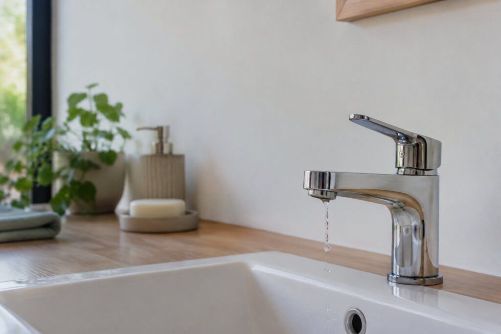 Un mitigeur chromé au-dessus d'un lavabo blanc d'où s'écoule une goutte d'eau malgré la fermeture du robinet.