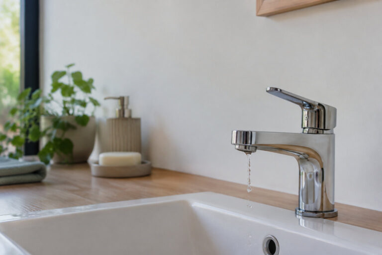 Un mitigeur chromé au-dessus d'un lavabo blanc d'où s'écoule une goutte d'eau malgré la fermeture du robinet.