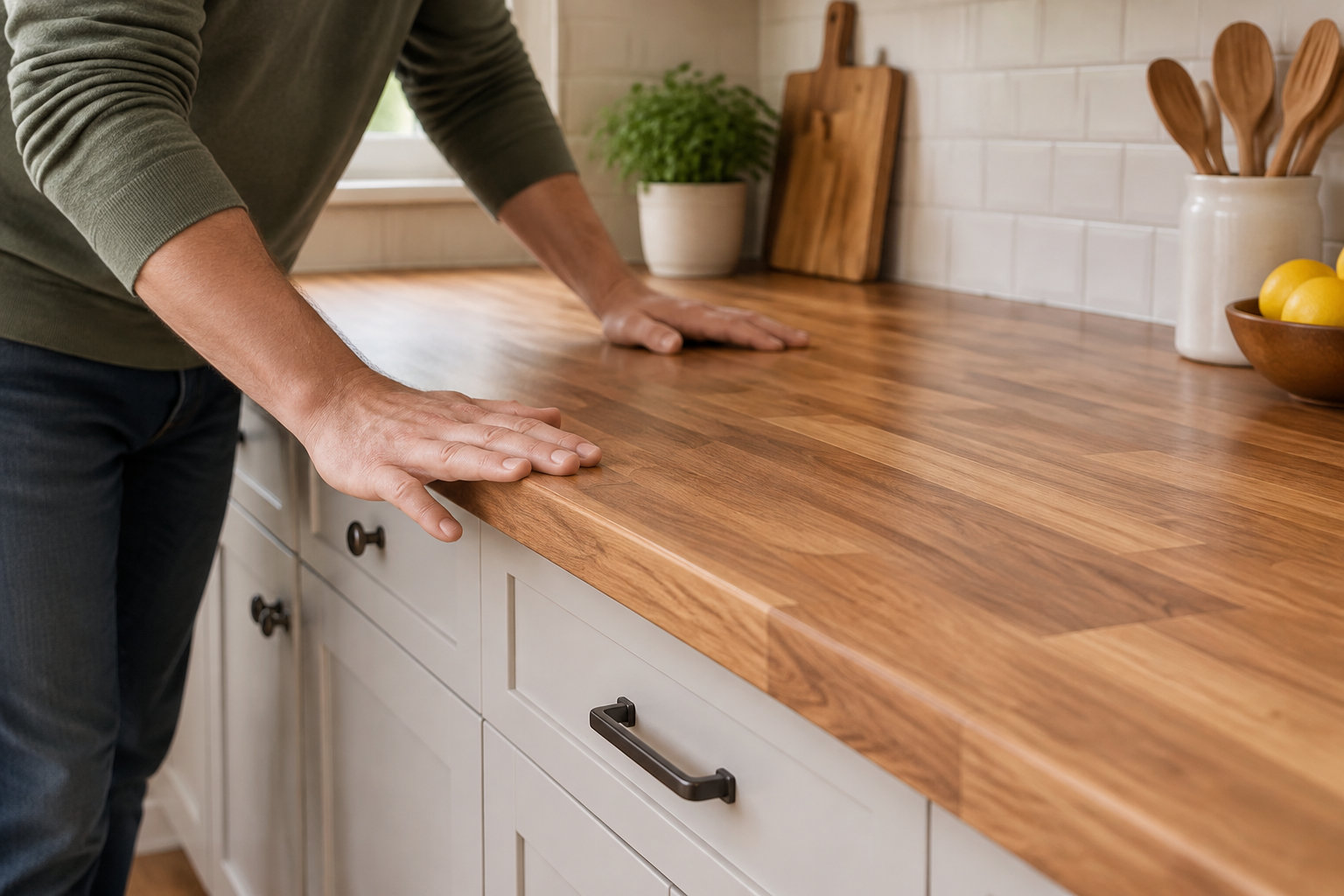 Une personne appuie ses mains sur un plan de travail en bois dans une cuisine lumineuse aux placards blancs.